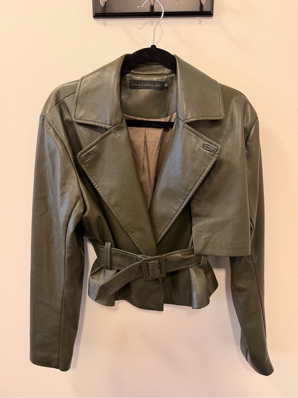 House of Harlow 1960 Olive Cropped Belted Leather Effect Jacket
